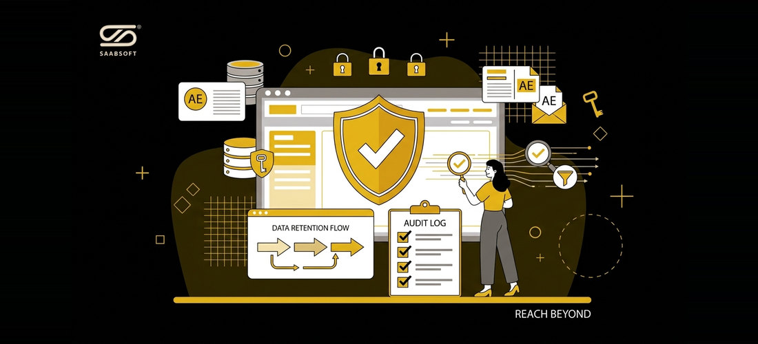 Illustration of CRM data protection controls: a shield, padlocks, server racks, an audit log and documentation under the UAE flag