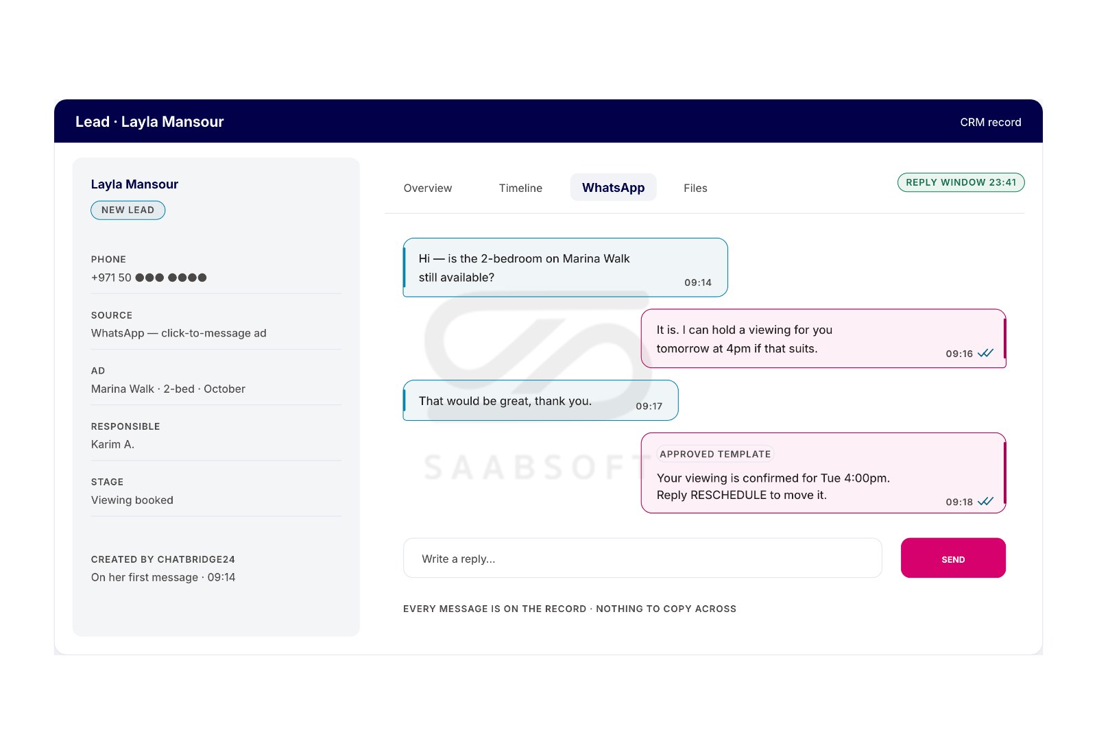 Bitrix24 WhatsApp integration - WhatsApp tab on a Bitrix24 CRM lead with ChatBridge24