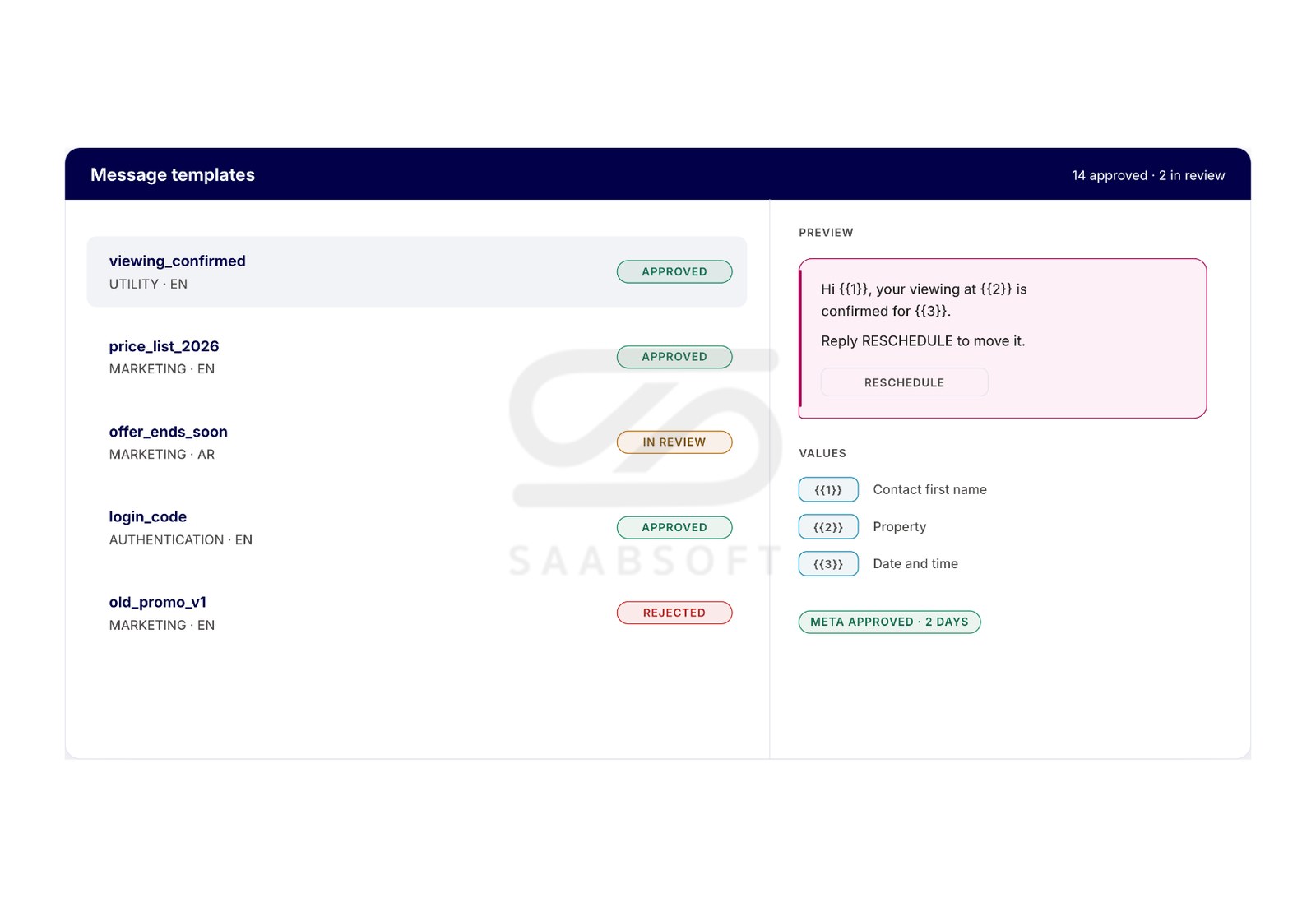 Meta-approved WhatsApp message templates in ChatBridge24 with review status and preview