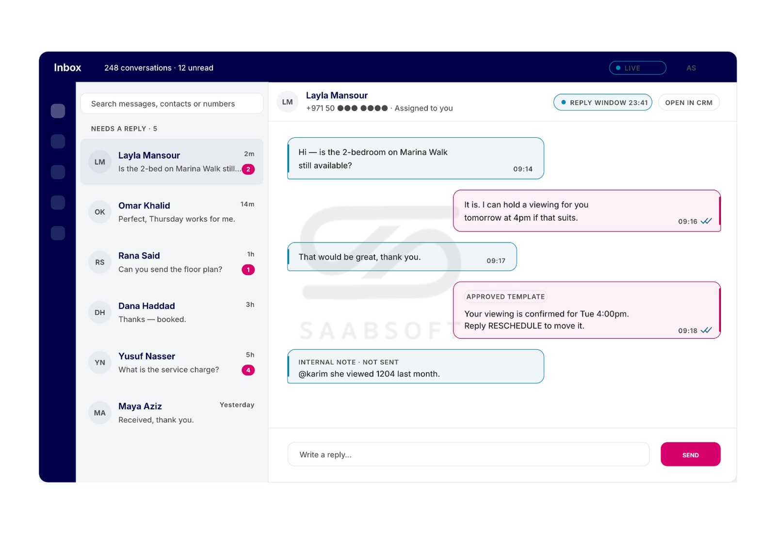 WhatsApp shared team inbox in ChatBridge24 with assigned conversations, internal notes and the 24-hour reply window