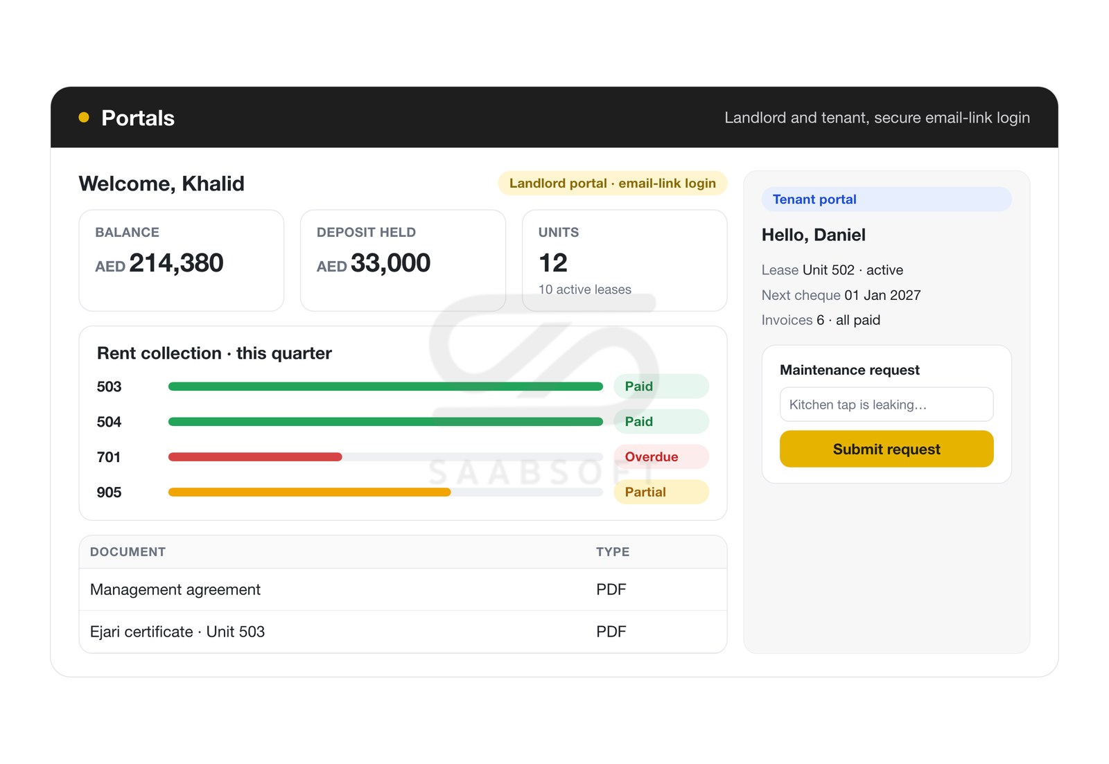 Landlord portal and tenant portal for property management in Dubai