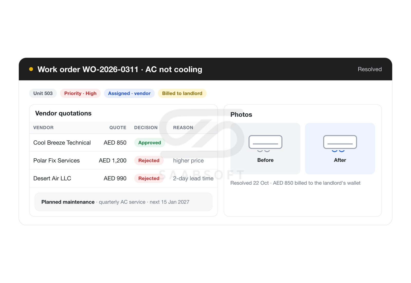 Maintenance work order with vendor quotations and before-and-after photos in Property Management in Bitrix24