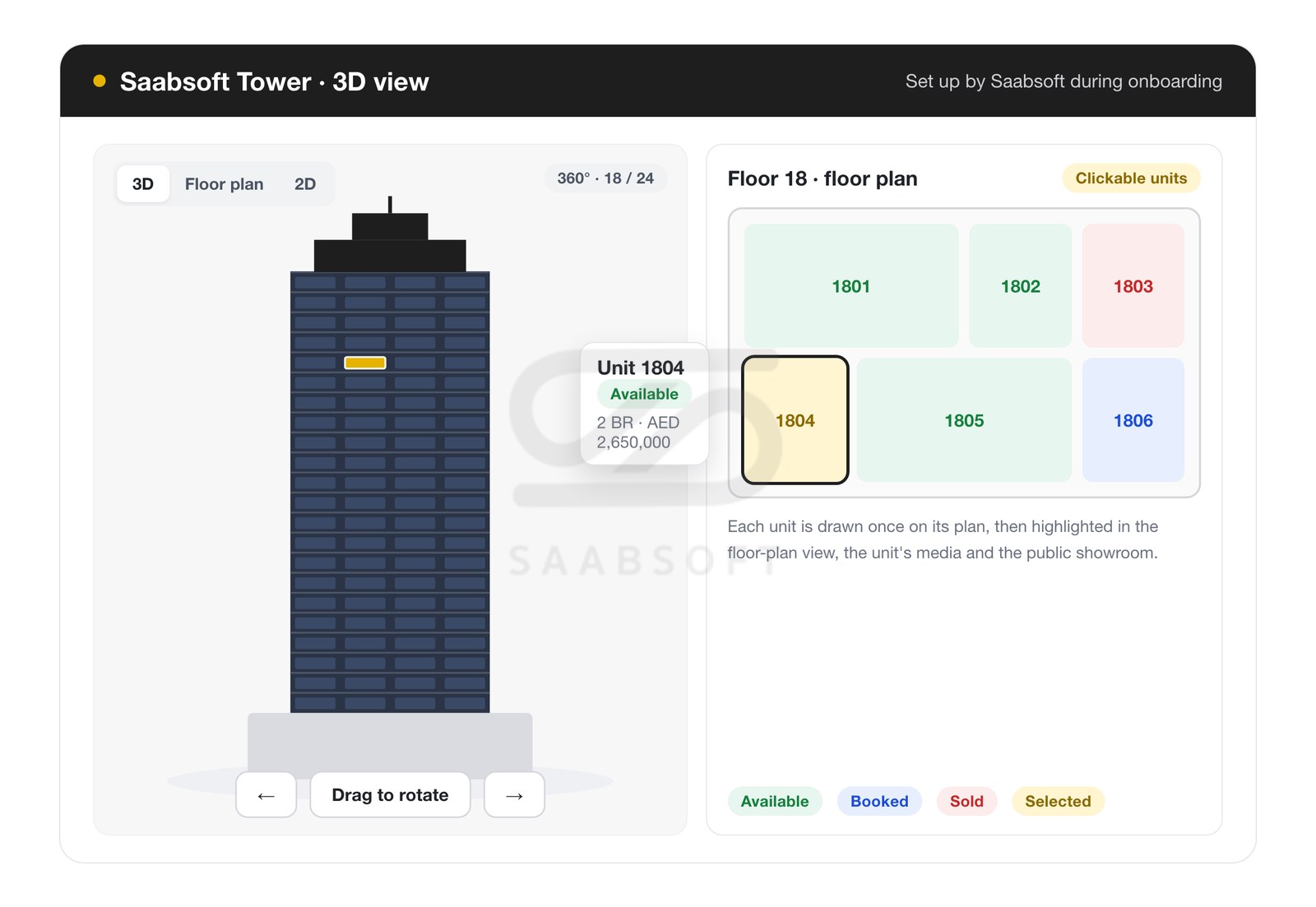 Interactive 3D tower and floor plan with clickable units for real estate developers