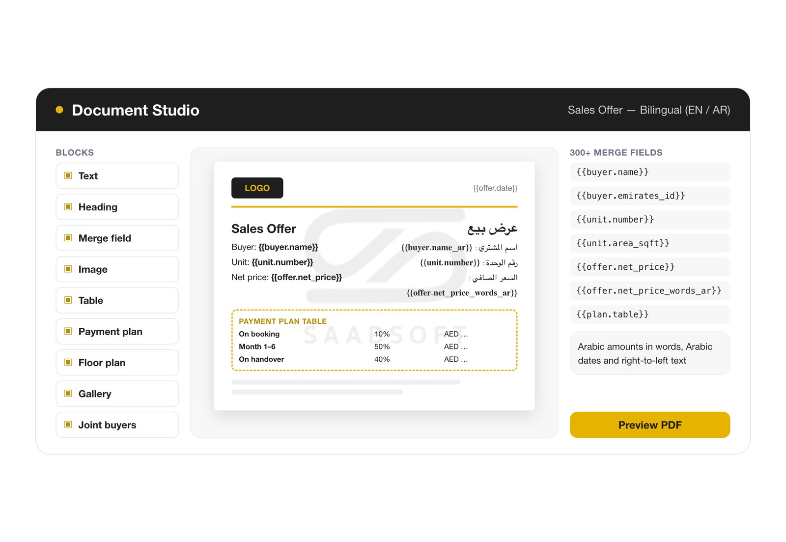 Document Studio for bilingual Arabic and English SPA contracts and sales offers
